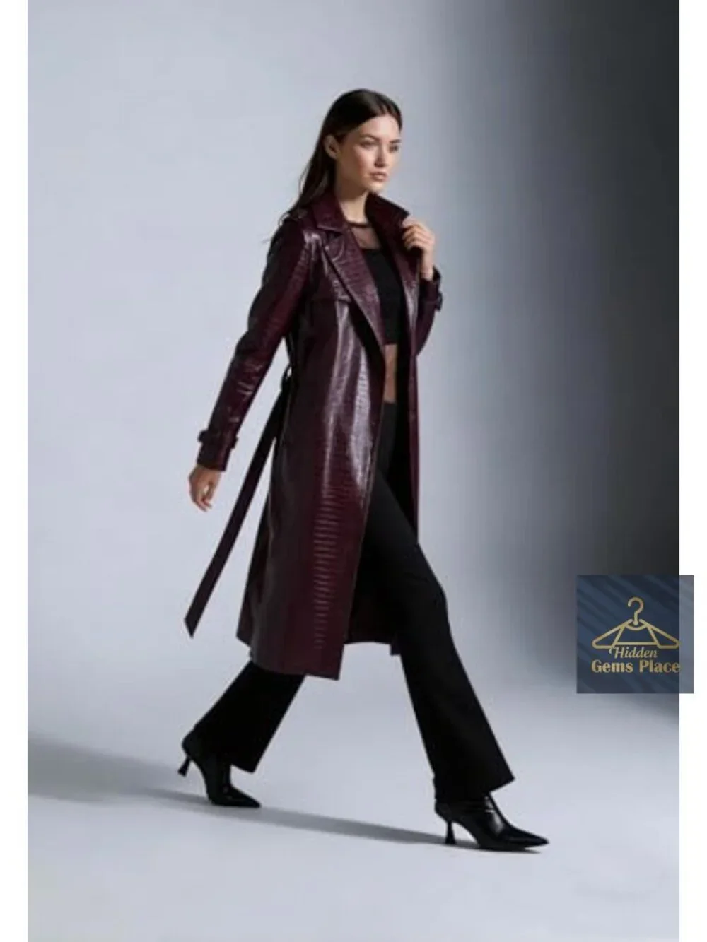 Womens Long Faux Leather Trench Coat with Belt